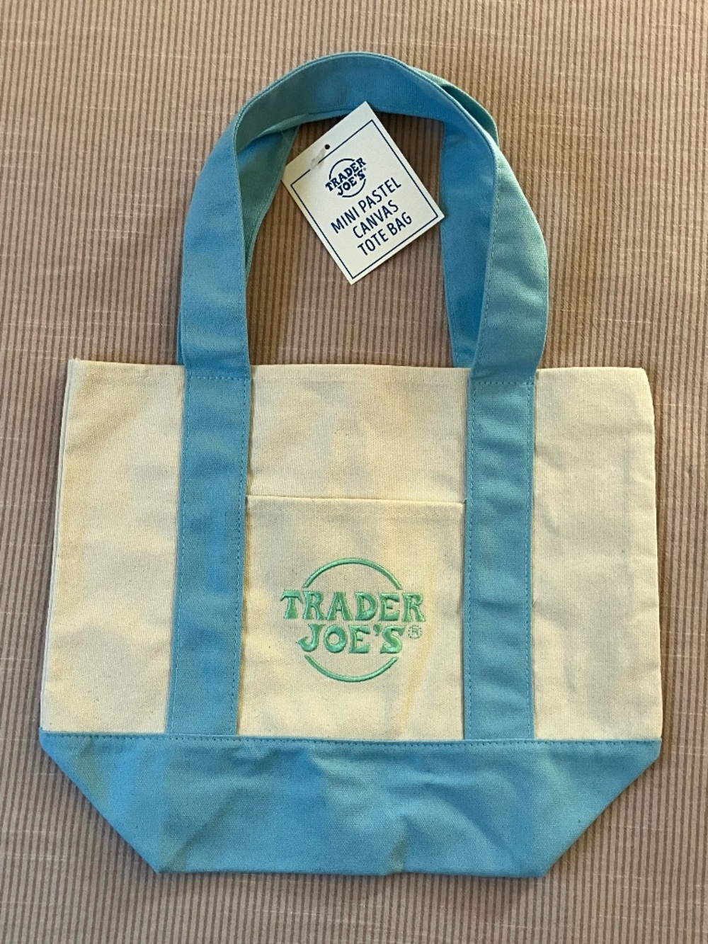 Trader Joe's Mini Pastel Canvas Tote Bag Light Blue and White